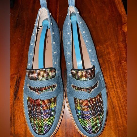 ✨Betsey Johnson Halliee Loafers – Size 9M – Rainbow Rhinestone Denim✨ - Picture 2 of 12
